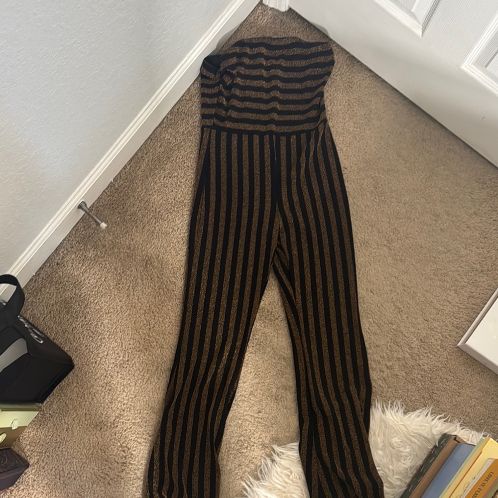 Fashion Nova Black and Brown Striped Jumpsuit